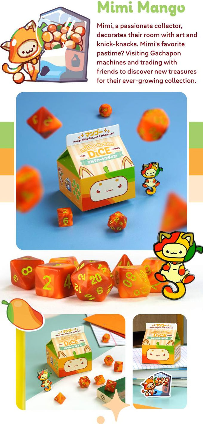 Fruit Meadows Milk Cartons: Kawaii Cat Dice Set - Mango Dice 1985 Games | Red Claw Gaming