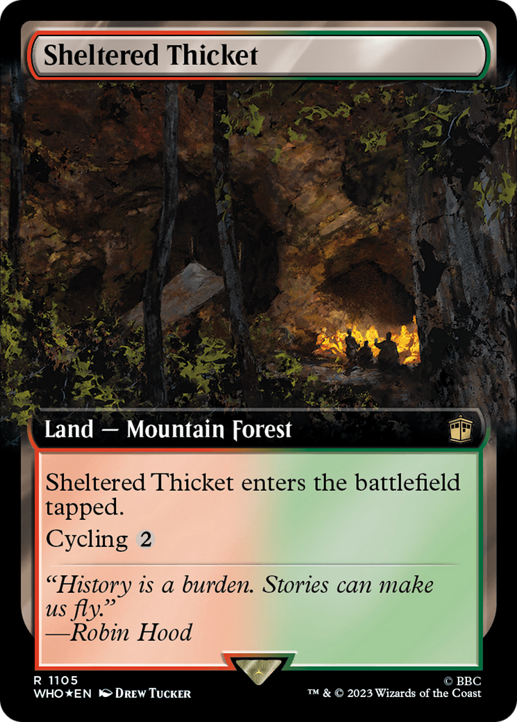 Sheltered Thicket (Extended Art) (Surge Foil) [Doctor Who] MTG Single Magic: The Gathering    | Red Claw Gaming