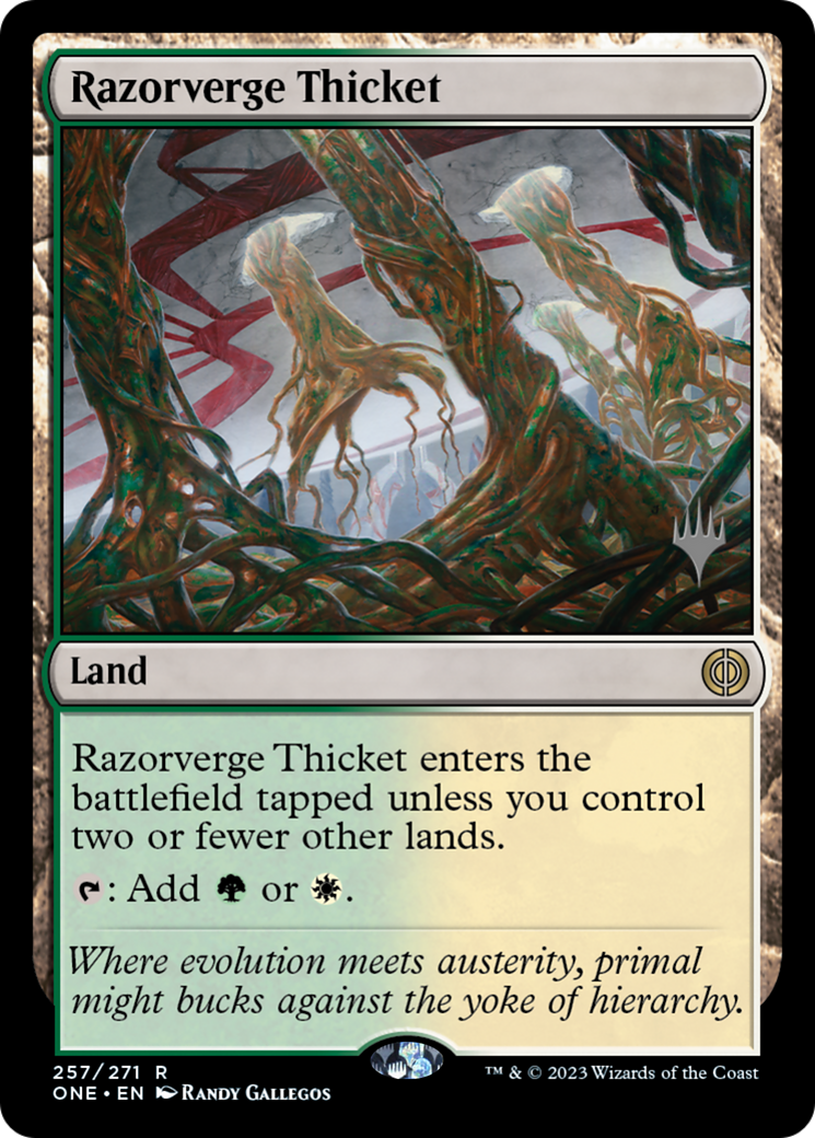 Razorverge Thicket (Promo Pack) [Phyrexia: All Will Be One Promos] MTG Single Magic: The Gathering | Red Claw Gaming