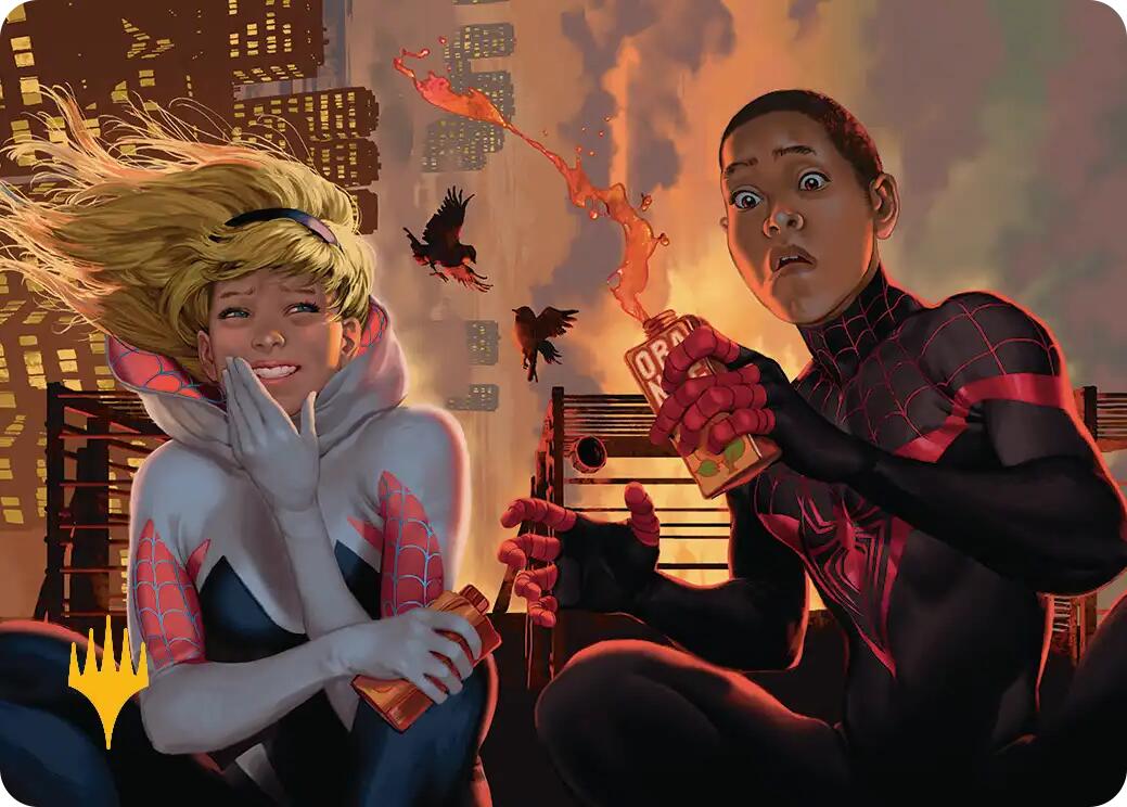 Heroes' Hangout Art Card (Gold-Stamped Planeswalker Symbol) [Marvel's Spider-Man Art Series] MTG Single Magic: The Gathering | Red Claw Gaming