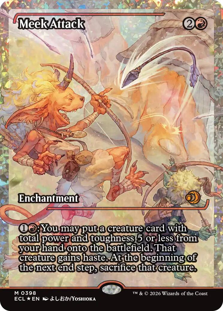 Meek Attack (398) (Showcase) (Fracture Foil) [Lorwyn Eclipsed] MTG Single Magic: The Gathering | Red Claw Gaming