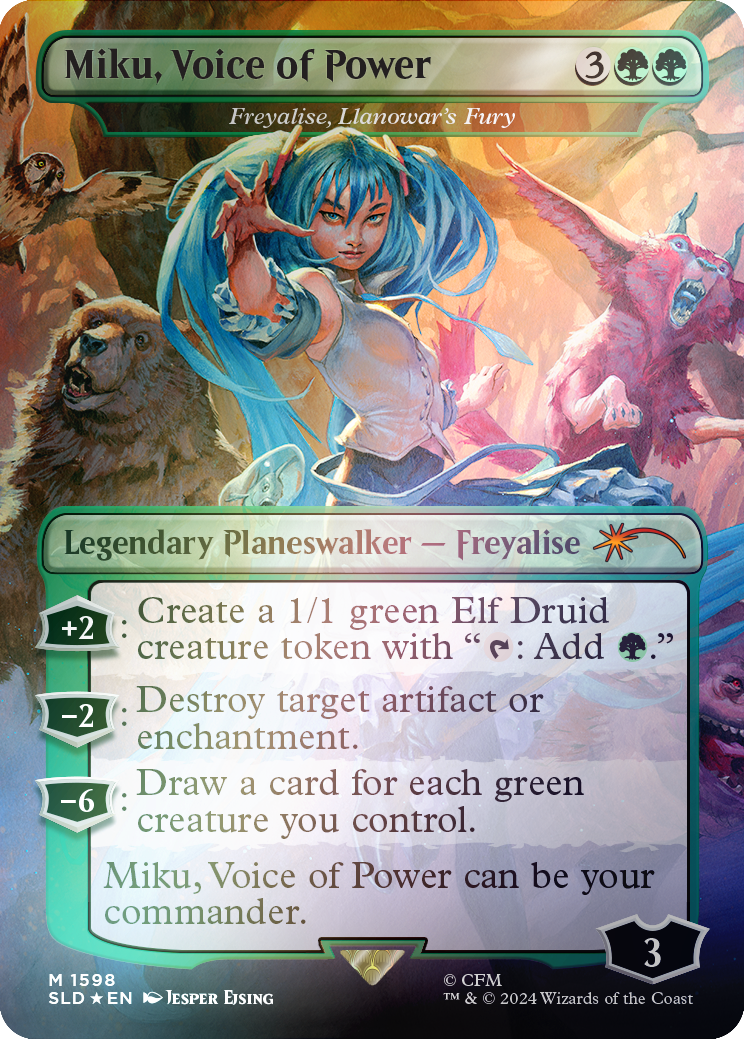 Miku, Voice of Power - Freyalise, Llanowar's Fury (Rainbow Foil) [Secret Lair Drop Series] MTG Single Magic: The Gathering | Red Claw Gaming