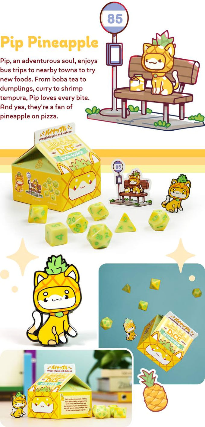 Fruit Meadows Milk Cartons: Kawaii Cat Dice Set - Pineapple Dice 1985 Games | Red Claw Gaming