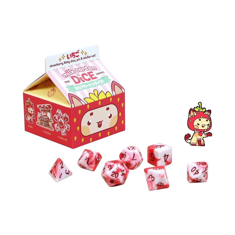 Fruit Meadows Milk Cartons: Kawaii Cat Dice Set - Strawberry Dice 1985 Games | Red Claw Gaming