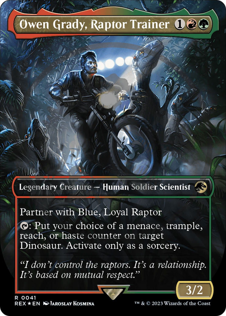 Owen Grady, Raptor Trainer (Emblem) (Borderless) [Jurassic World Collection Tokens] MTG Single Magic: The Gathering | Red Claw Gaming