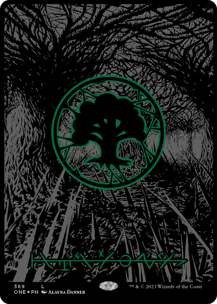 Forest (369) (Oil Slick Raised Foil) [Phyrexia: All Will Be One] MTG Single Magic: The Gathering | Red Claw Gaming