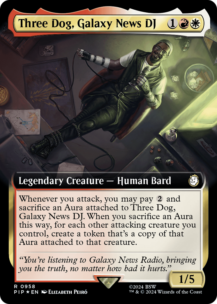 Three Dog, Galaxy News DJ (Extended Art) (Surge Foil) [Fallout] MTG Single Magic: The Gathering    | Red Claw Gaming