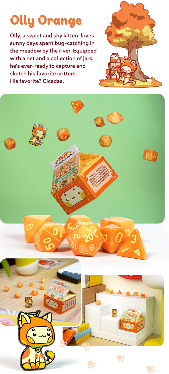 Fruit Meadows Milk Cartons: Kawaii Cat Dice Set - Orange Dice 1985 Games | Red Claw Gaming