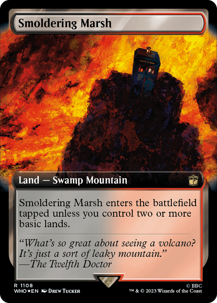 Smoldering Marsh (Extended Art) (Surge Foil) [Doctor Who] MTG Single Magic: The Gathering | Red Claw Gaming