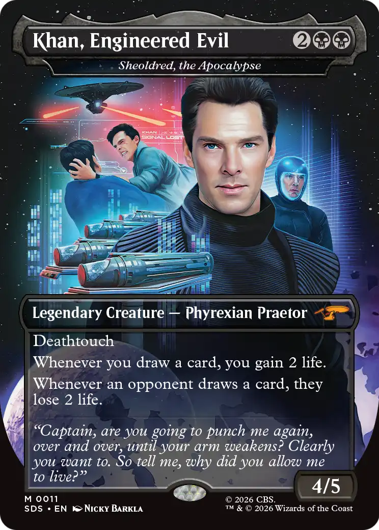 Khan, Engineered Evil - Sheoldred, the Apocalypse (Borderless) [Star Trek: Stardates] | Red Claw Gaming