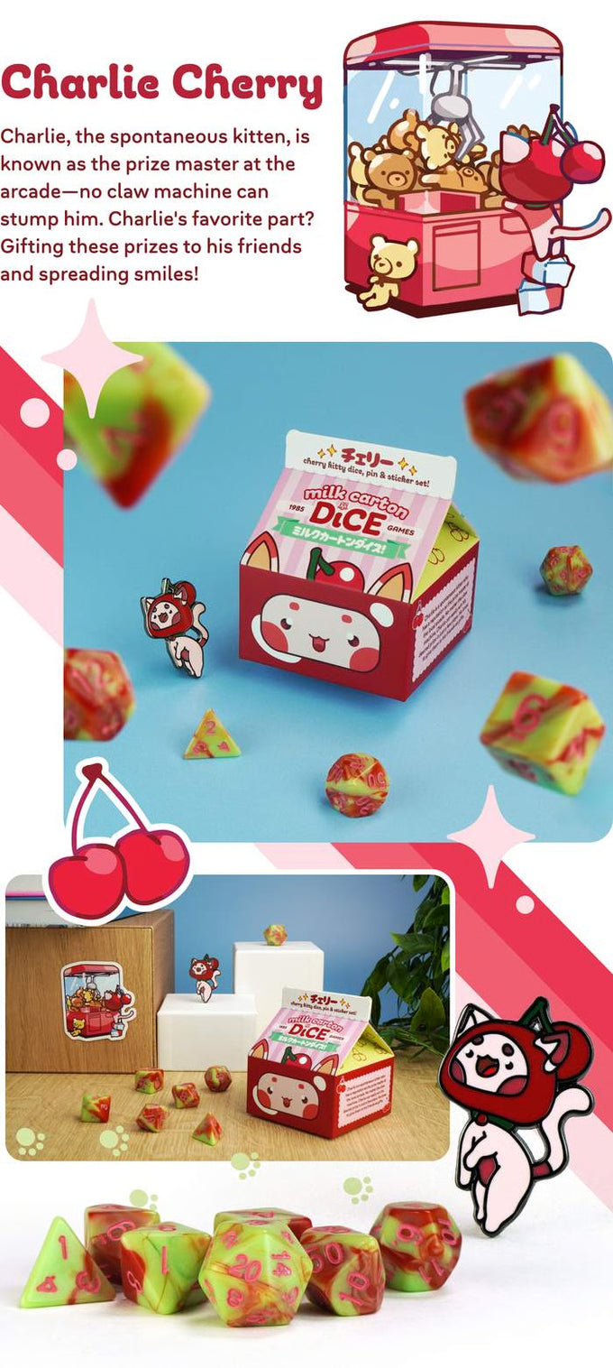 Fruit Meadows Milk Cartons: Kawaii Cat Dice Set - Cherry Dice 1985 Games | Red Claw Gaming