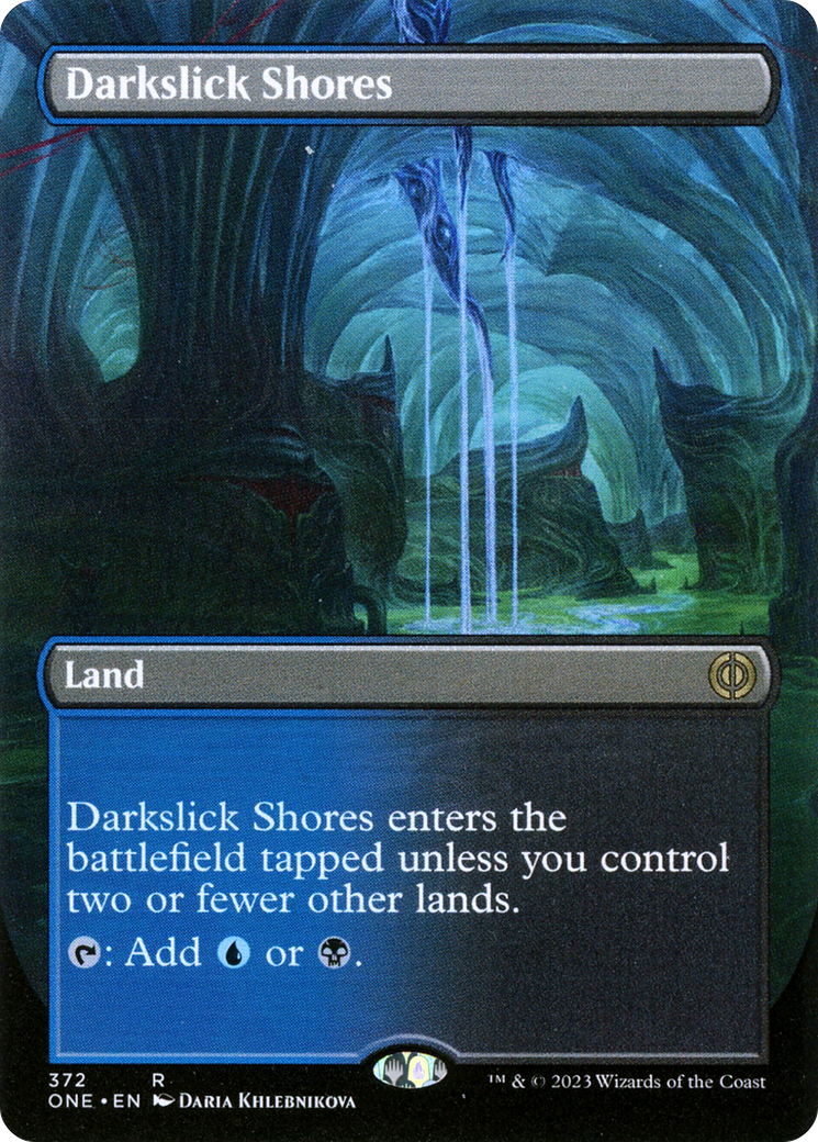 Darkslick Shores (Borderless Alternate Art) [Phyrexia: All Will Be One] MTG Single Magic: The Gathering | Red Claw Gaming