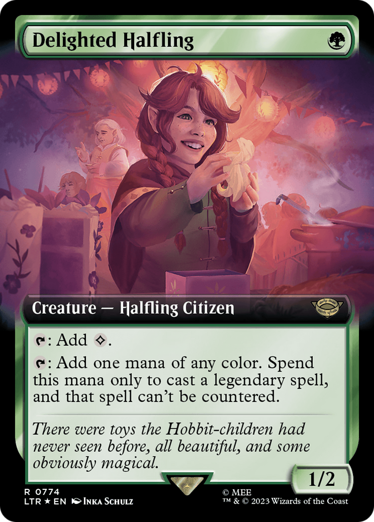 Delighted Halfling (Extended Art) (Surge Foil) [The Lord of the Rings: Tales of Middle-Earth] MTG Single Magic: The Gathering | Red Claw Gaming