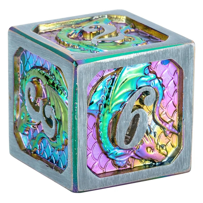Metal Solid Dragon Dice Set-Rainbow w/Brushed Frame Dice Hymgho Dice | Red Claw Gaming