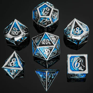 Solid Metal Dragon Dice Set - Silver with Blue and Black Dice Hymgho Dice | Red Claw Gaming