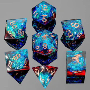 Captured Magic Luster Cut Resin Dice Set - Blue Red Dice Hymgho Dice | Red Claw Gaming
