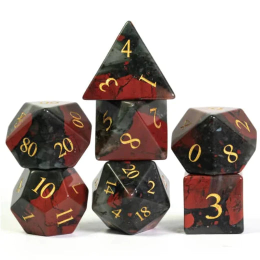 Bloodstone - Gemstone Engraved with Gold 7 Die Set Dice & Counters Foam Brain Games    | Red Claw Gaming