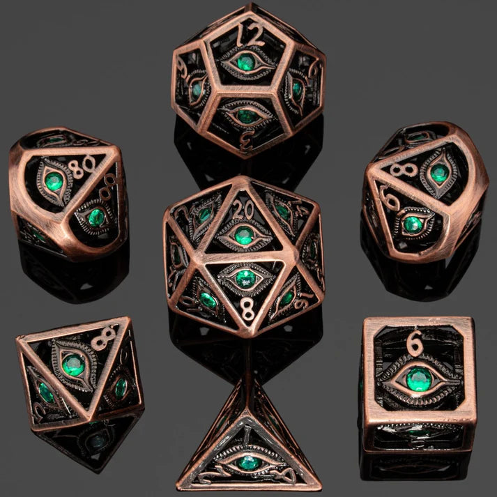 Ancient Copper with Emerald Green Gems Dragon's Eye Hollow Metal Dice set Dice Hymgho Dice | Red Claw Gaming
