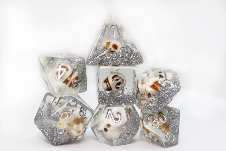 Skull and Silver Glitter RPG Dice Set | Red Claw Gaming