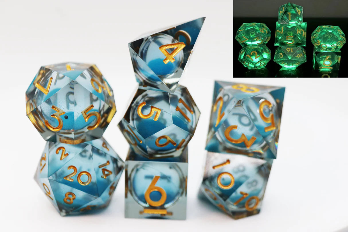 Sharp Edge Glow in the Dark Liquid Core RPG Dice Set - Blue Specter Dice & Counters Foam Brain Games | Red Claw Gaming