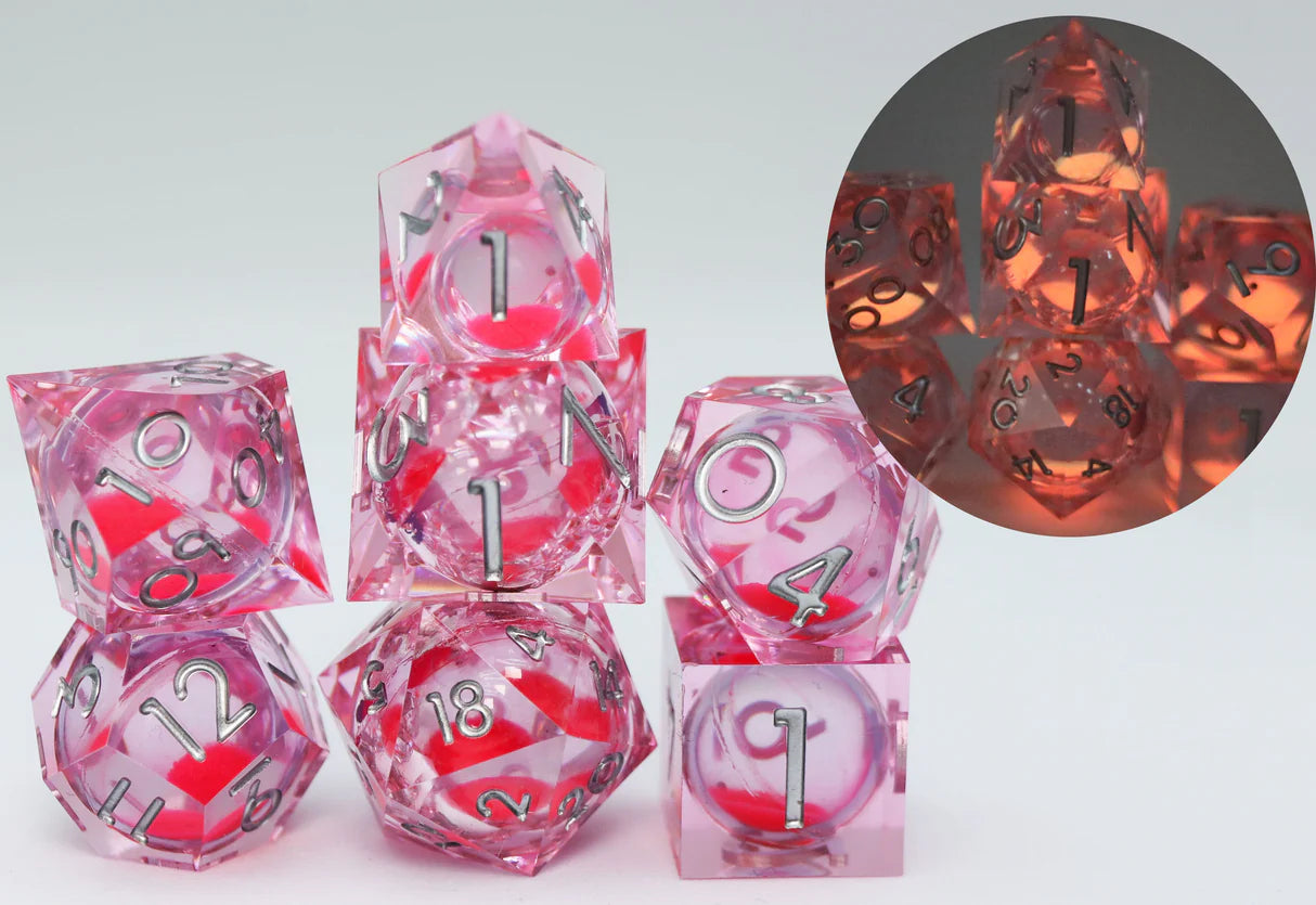 Sharp Edge Glow in the Dark Liquid Core RPG Dice Set - Radiant Pink Dice & Counters Foam Brain Games | Red Claw Gaming