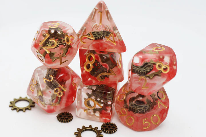 RED SWIRL ANCIENT GEAR RPG DICE SET Dice & Counters Foam Brain Games    | Red Claw Gaming