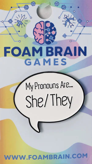 SPEECH BUBBLE PIN: SHE/THEY PRONOUNS Pins Foam Brain Games    | Red Claw Gaming