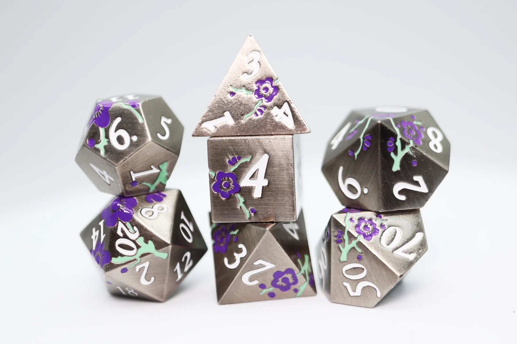 SILVER WITH PURPLE ORCHIDS METAL DICE SET Dice & Counters Foam Brain Games    | Red Claw Gaming