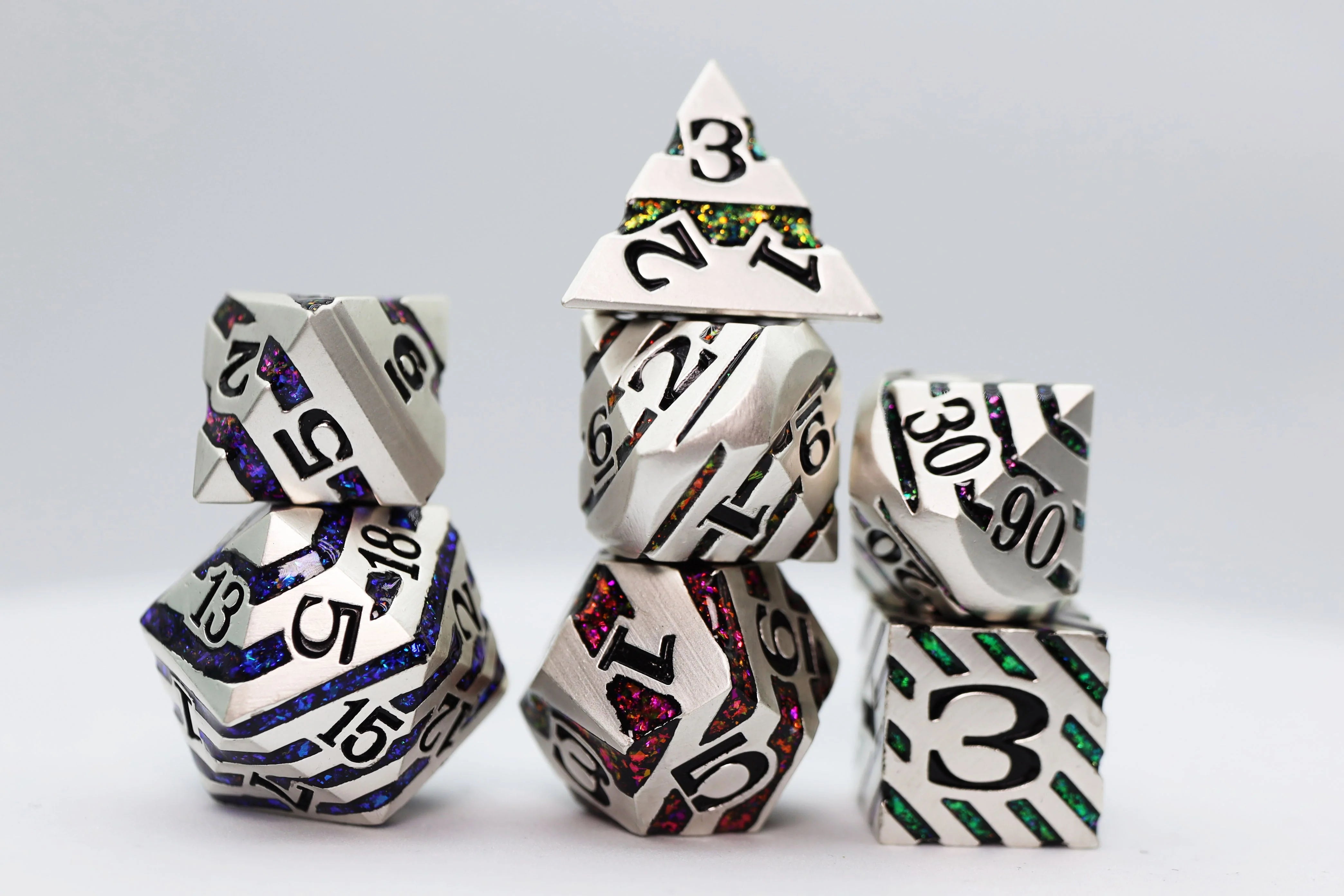 PLATINUM WITH RAINBOW MICA RPG METAL DICE SET Dice & Counters Foam Brain Games    | Red Claw Gaming