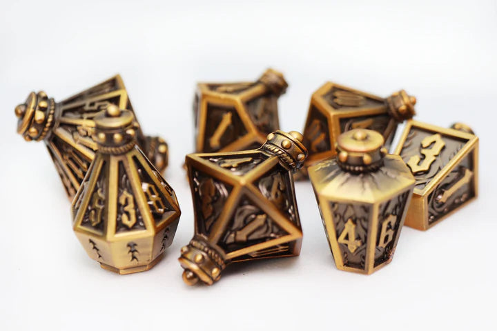 MOONLIT LANTERN: GOLDEN FLAMES - METAL RPG DICE SET Dice & Counters Foam Brain Games    | Red Claw Gaming