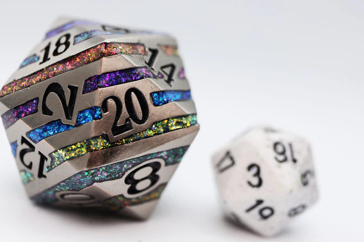 SILVER WITH RAINBOW MICA - 35MM METAL D20 Dice & Counters Foam Brain Games    | Red Claw Gaming