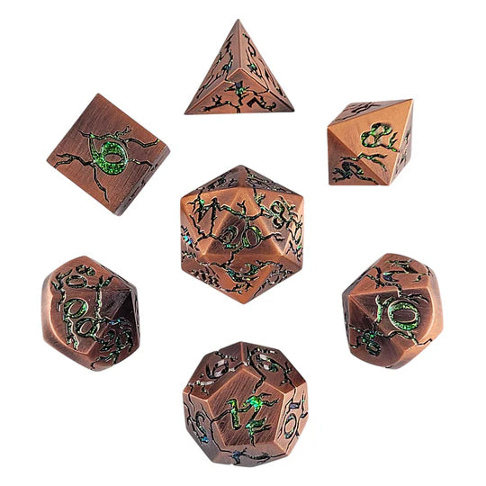 Cracked Antique Copper with Green Glitter Set of 7 Metal Dice Set D&D Accessory Forged Gaming | Red Claw Gaming