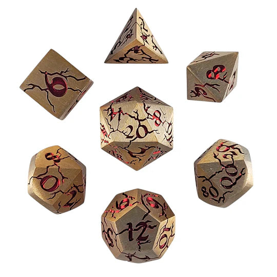Cracked Brushed Gold with Red Foil Set of 7 Metal Dice Set D&D Accessory Forged Gaming | Red Claw Gaming