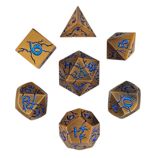 Cracked Bronze with Blue Glitter Set of 7 Metal Dice Set D&D Accessory Forged Gaming | Red Claw Gaming