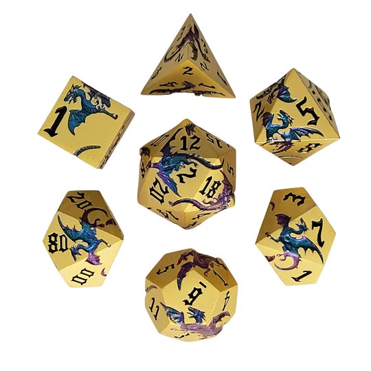 Dragon Attack Gold Purple Green Color Shift Metal RPG Dice Set of 7 | Red Claw Gaming