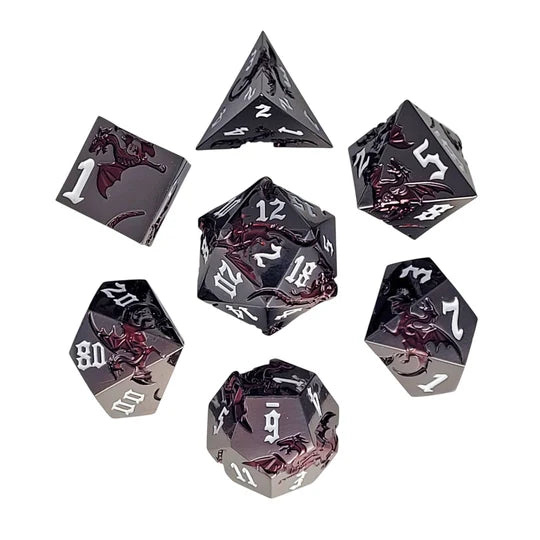Dragon Attack Gunmetal Gloss Red Metal RPG Dice Set of 7 | Red Claw Gaming
