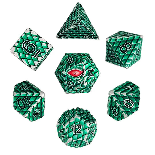 Dragon's Gaze Silver Green Metal RPG Dice Set D&D Accessory Forged Gaming | Red Claw Gaming