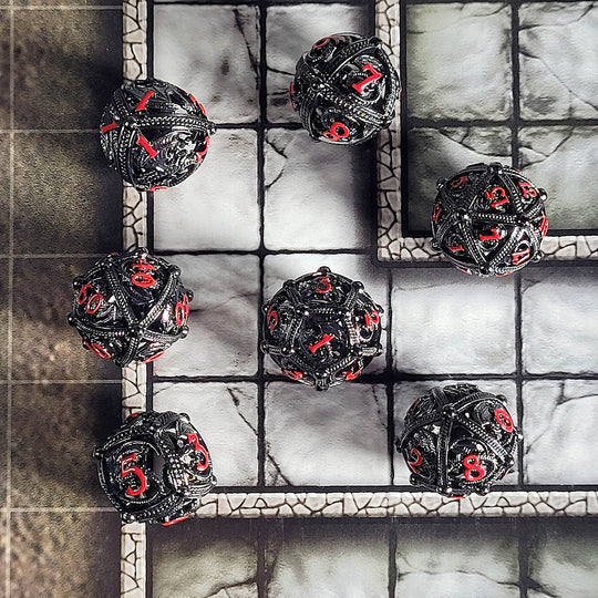 Dragons Bauble Gunmetal Red Hollow Metal RPG Dice Set D&D Accessory Forged Gaming    | Red Claw Gaming