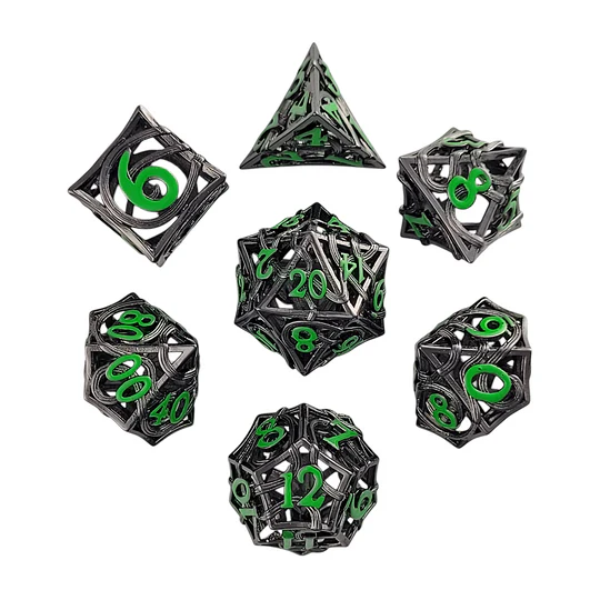 Entangled Fate Silver Green Hollow Metal RPG Dice Set D&D Accessory Forged Gaming | Red Claw Gaming