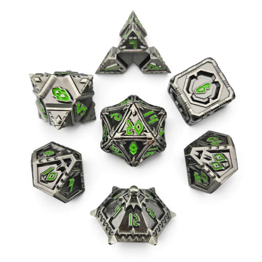 Faction Silver Green Armor Metal RPG Dice Set of 7 | Red Claw Gaming