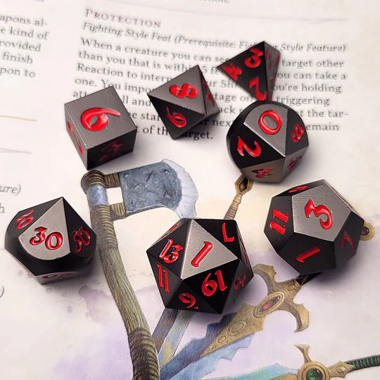 Forged Lore Gunmetal Matte with Red Set of 7 Metal Dice Set D&D Accessory Forged Gaming | Red Claw Gaming