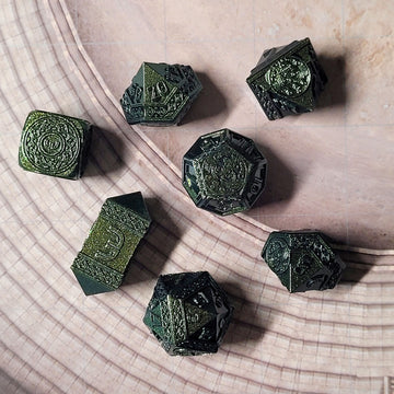 Nahuatl's Chance Green Metal RPG Dice Set | Red Claw Gaming