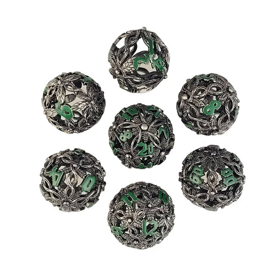 Sylvan Spheres Silver Green Hollow Metal RPG Dice Set D&D Accessory Forged Gaming    | Red Claw Gaming