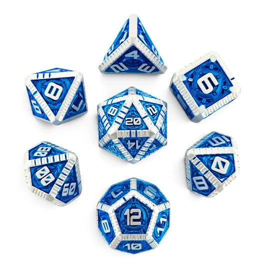 Waygate Warden Silver Blue Metal RPG Dice Set of 7 | Red Claw Gaming