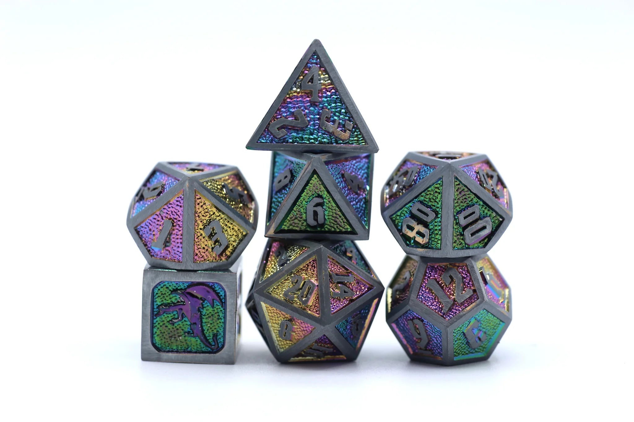 Draconis Solid Metal Polyhedral Dice set - Brushed Rainbow Dice Hymgho Dice | Red Claw Gaming