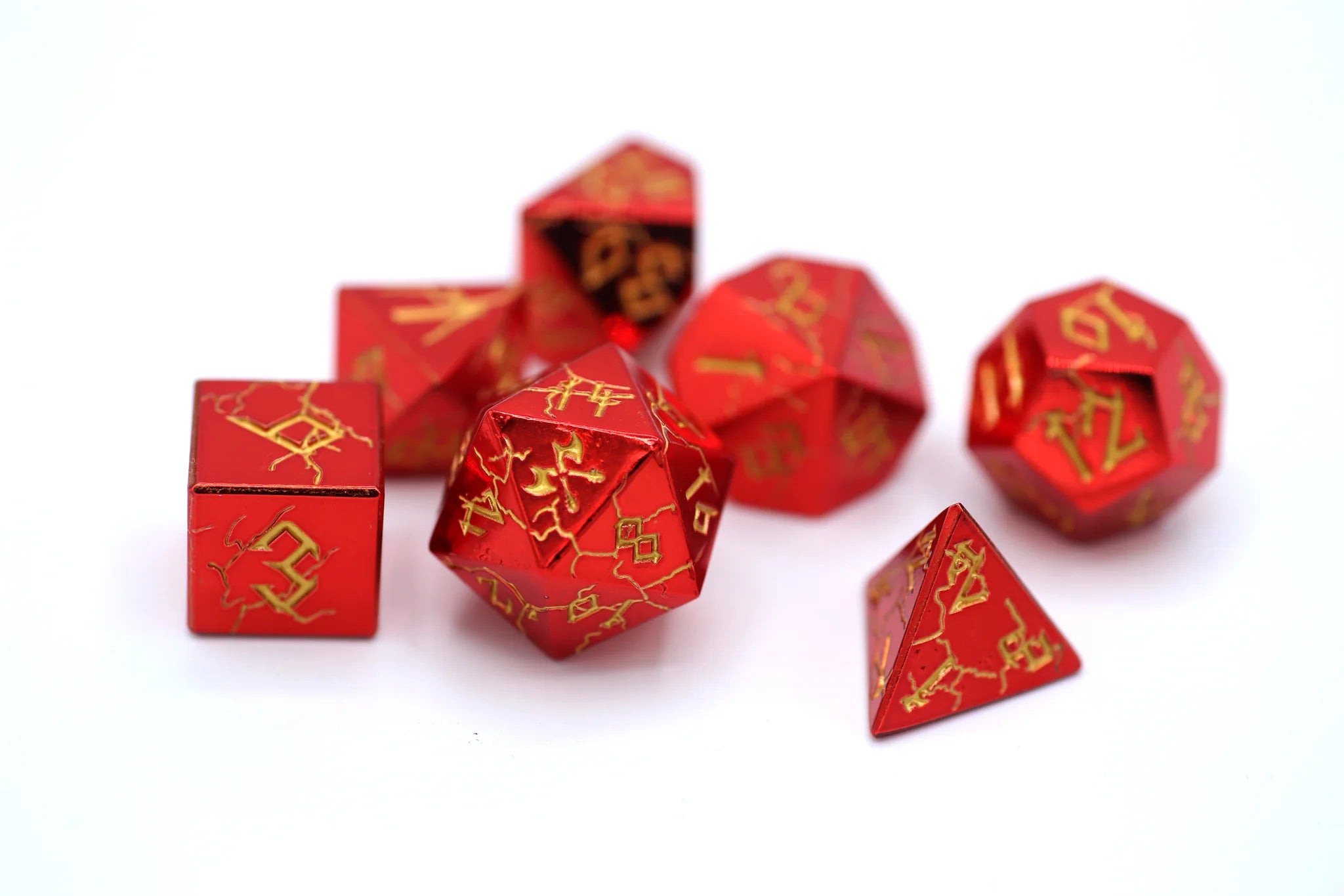 Barbarian Solid Metal Polyhedral Dice Set - Shiny Red with Gold Dice Hymgho Dice | Red Claw Gaming