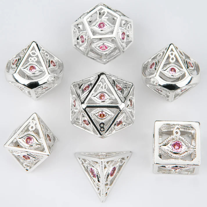 Shiny Silver with Pink Gems Dragon's Eye Hollow Metal Dice set Dice Hymgho Dice | Red Claw Gaming