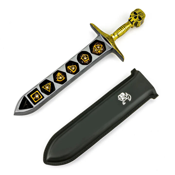 Grim Dagger Dice Case with sheath cover - Gold Dice Hymgho Dice | Red Claw Gaming