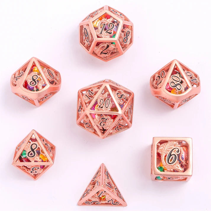 Rose Gold Hollow Dragon Dice Set Filled with Gems Dice Hymgho Dice | Red Claw Gaming