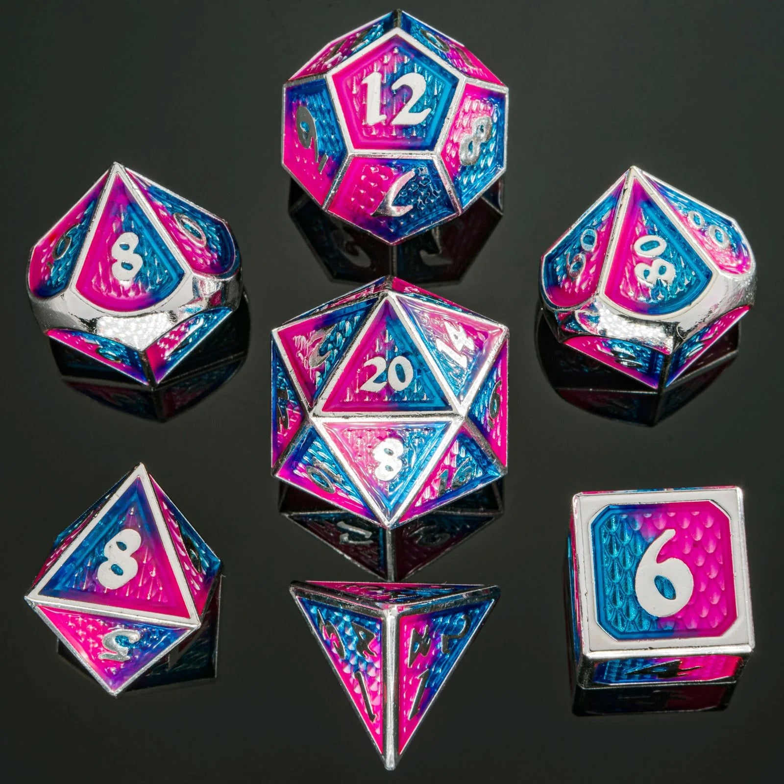 Solid Metal Behemoth Dice set - Silver with Pink and Blue Dice Hymgho Dice | Red Claw Gaming